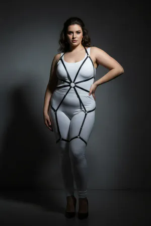 Black adjustable full body harness with O-ring detail worn by a plus size model.