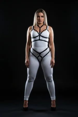 Black Vegan Leather Body Harness Garter Set O-Rings Plus Size Model