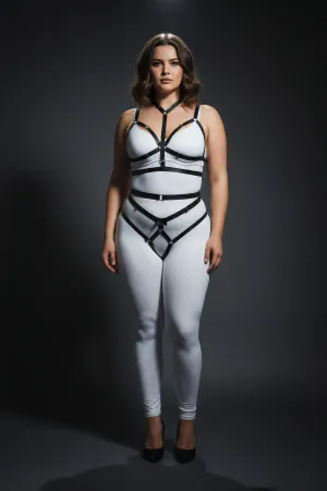 Black Vegan Leather Body Harness Garter Set O-Rings Plus Size Model