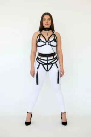 Black Faux Leather Full Body Harness with Choker and Tassel Garters