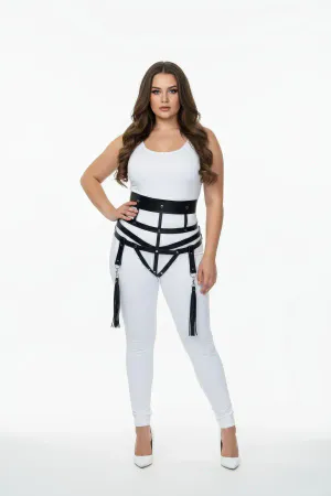 Black Vegan Leather Wide Strap Cage Harness with Detachable Tassel Garters