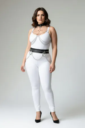Plus Size Black Faux Leather Chain Body Harness Set with Studded Belt
