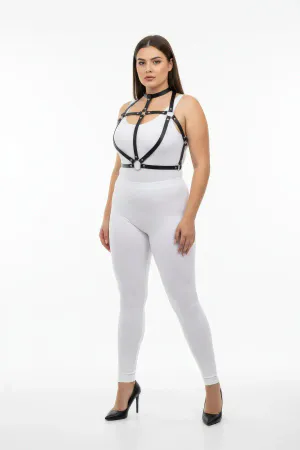 Black faux leather strappy body harness with O-ring detail and choker