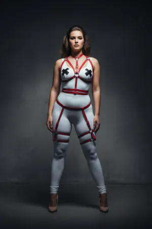 Red Vegan Leather Strappy Body Harness Set with Garter Thigh Straps