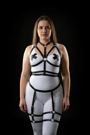 Black Faux Leather Full Body Harness with Choker and Detachable Leg Garters for Women