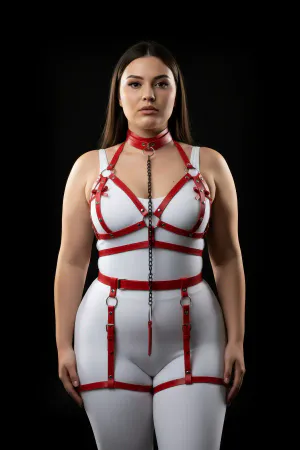 Red Vegan Leather Full Body Harness with Chain and Thigh Garters
