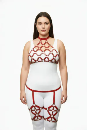 Red Vegan Leather Mesh Caged Halter Harness Garter Set Full View