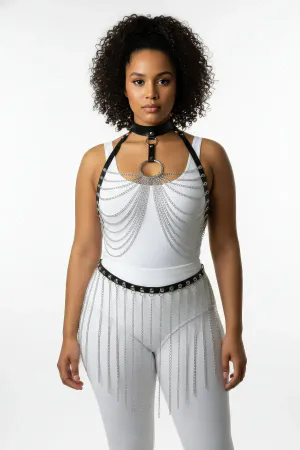 Black Faux Leather Body Harness with Silver Chains and Choker on Model