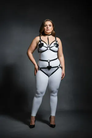 Black Faux Leather Heart Detail Harness Bra and Garter Set Worn by Model