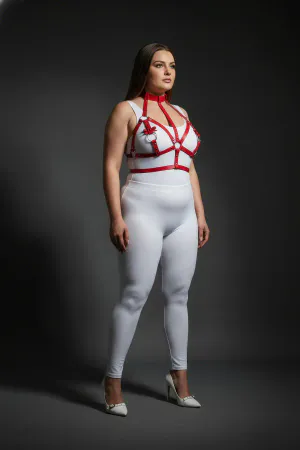 Red faux leather strappy body harness with O-ring details and adjustable straps
