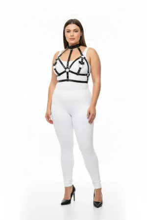 Black Faux Leather Body Harness with Choker and O-Ring Details