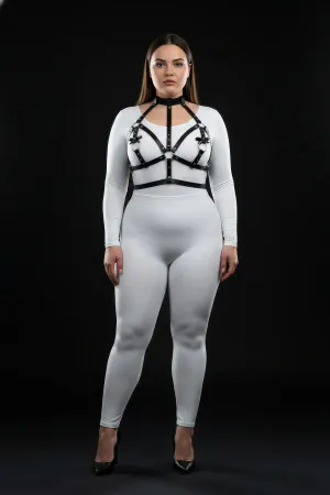 Black Faux Leather Body Harness with Choker and O-Ring Details