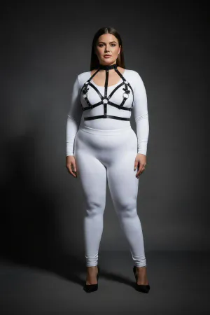 Black Faux Leather Body Harness with Choker and O-Ring Details