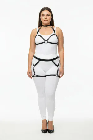 Black Faux Leather Caged Body Harness Set with Garter Thigh Straps