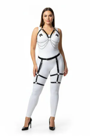Black Vegan Leather Body Harness and Leg Garter Set with Silver Chains