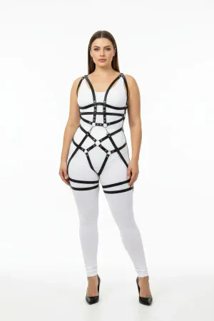 Black Faux Leather Full Body Harness with Intersecting O-Rings, worn by a plus-size model on a white background, highlighting