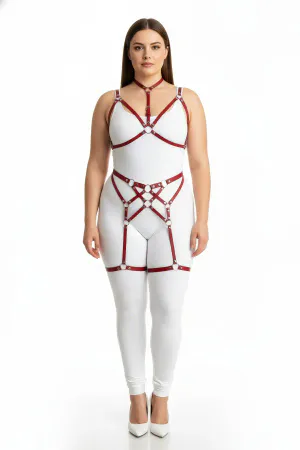 Red Faux Leather Strappy Body Harness Set with Garters and O-Rings