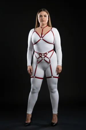 Red Faux Leather Strappy Body Harness Set with Garters and O-Rings