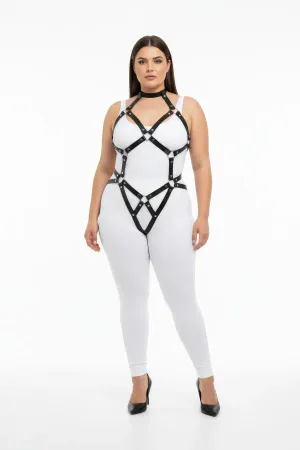 Black adjustable O-ring body harness with choker and intersecting straps