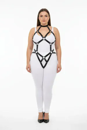 Black adjustable O-ring body harness with choker and intersecting straps