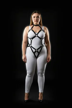 Black adjustable O-ring body harness with choker and intersecting straps