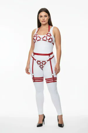 Red Vegan Leather O-Ring Harness Set Front View with Bra Waist and Thigh Garters