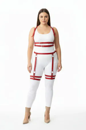 Red Faux Leather Full Body Harness Women Adjustable Straps