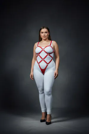 Red vegan leather full body harness with diamond strap pattern and O-ring details