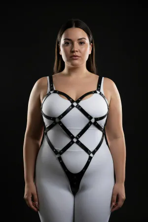 Büyük Beden Siyah Kadın Vücut Harness Takım, Çivi Detaylı Şık Fantazi Aksesuar - APFT542