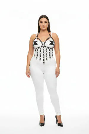 White and black faux leather strappy chest harness with silver O-ring details