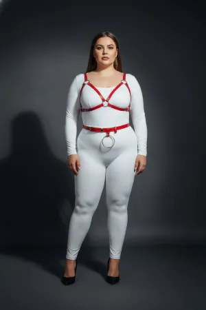 Red Vegan Leather Chest Harness and Waist Belt Set with Silver O-Rings on model