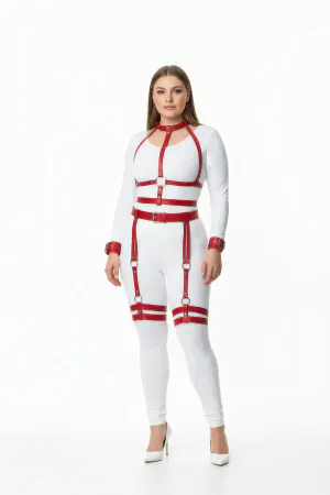 Red Faux Leather Full Body Harness Set Plus Size Caged Straps