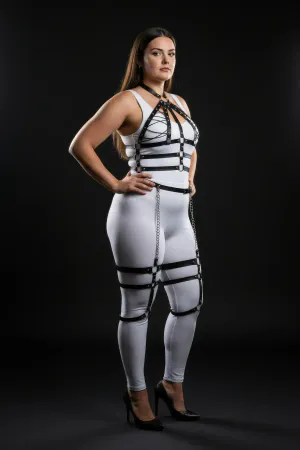 Black Faux Leather Full Body Harness Plus Size with Caged Chest and Thigh Chains