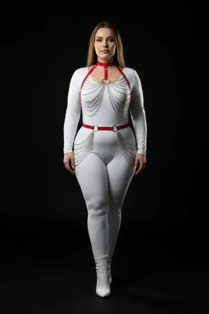 Red Faux Leather Body Harness Draped Chains Plus Size Model
