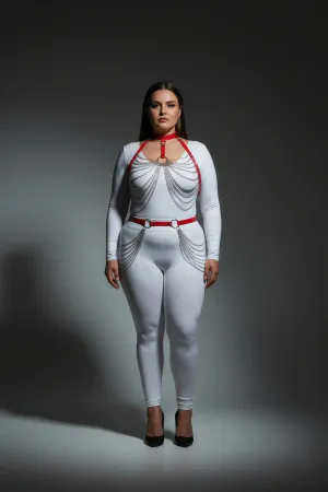 Red Faux Leather Body Harness Draped Chains Plus Size Model