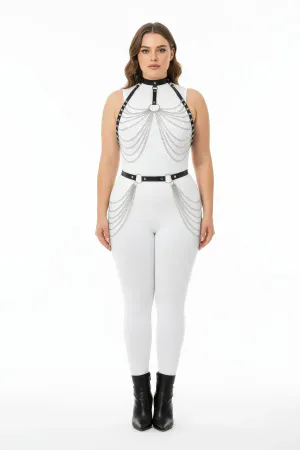 Black Faux Leather Body Harness Set with Cascading Silver Chains on a plus size model