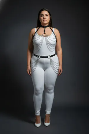 Black Faux Leather Body Harness Set with Cascading Silver Chains on a plus size model