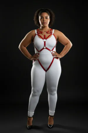 Red Faux Leather Body Harness Plus Size with Multiple Silver O-Rings