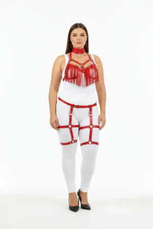 Red Faux Leather Fringe Harness Bra and Garter Set Front View