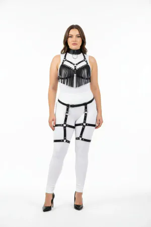 Black Fringed Faux Leather Harness Set with Garter Straps Front View