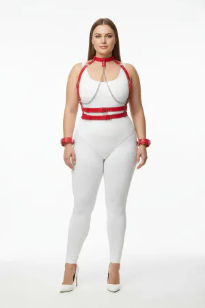 Red Faux Leather Chest Harness and Collar Set with Chain for Women Plus Size