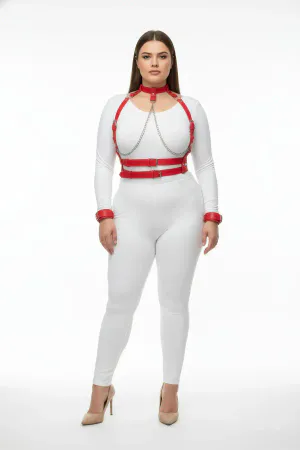 Red Faux Leather Chest Harness and Collar Set with Chain for Women Plus Size