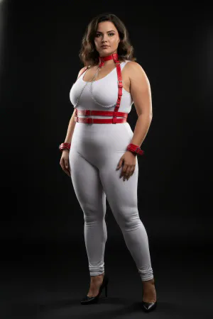 Red Faux Leather Chest Harness and Collar Set with Chain for Women Plus Size