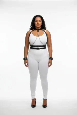 Black Vegan Leather Choker Body Harness with Chains and Wrist Cuffs on a plus-size model