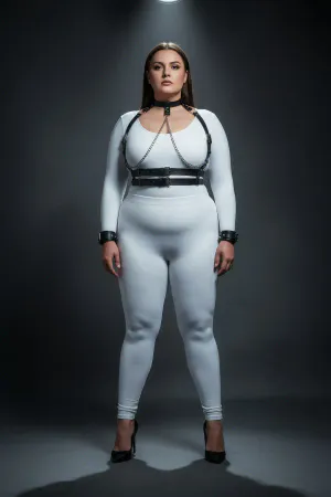 Black Vegan Leather Choker Body Harness with Chains and Wrist Cuffs on a plus-size model