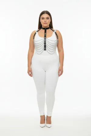 Black faux leather body harness with collar and draped silver chains