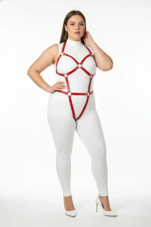 Red vegan leather full body harness with O-ring details on model.