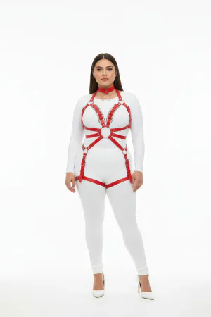 Red faux leather full body harness with O-ring and adjustable straps
