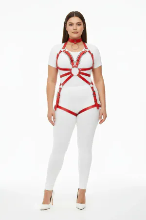 Red faux leather full body harness with O-ring and adjustable straps