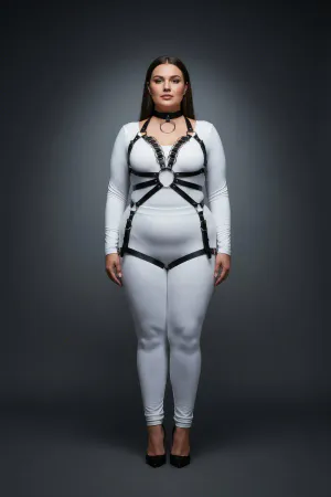 Black faux leather full body harness with O-ring and choker